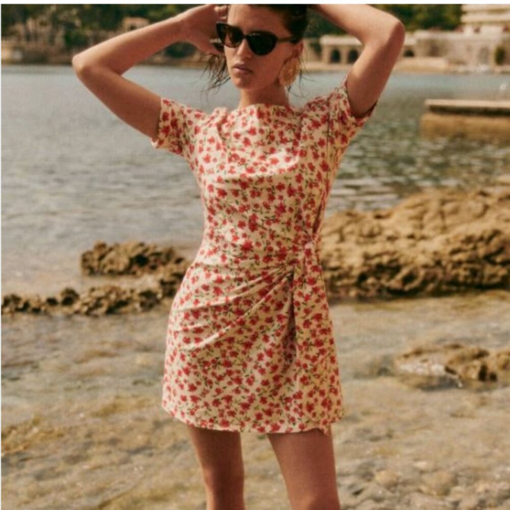 Sezane Pippa Short Dress Coral Flowers - Size M